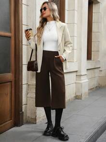 SHEIN LUNE Pantaloni casual vintage da donna a gamba ampia con tasche inclinate, pantaloni a gamba ampia color marrone autunnali, pantaloni a gamba ampia color marrone da uscire autunnali e invernali - Castano - Visualizzare 7