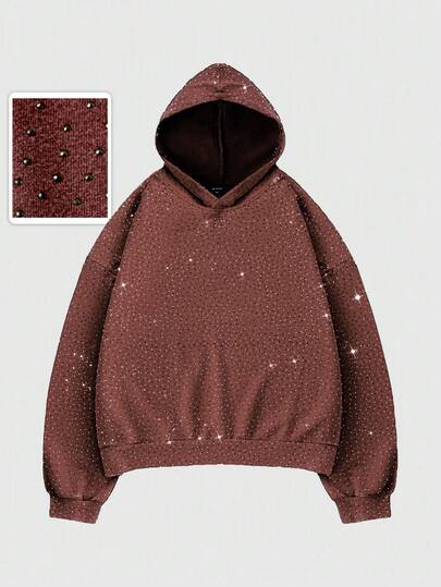Street Life Men Rhinestone Loose Short Hoodie, Streetwear, Fall