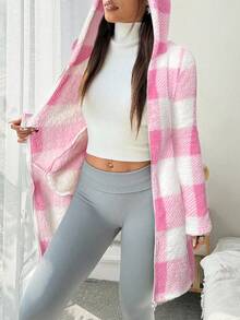 SHEIN EZwear 女士休闲格子连帽保暖外套，秋冬粉白外套，舒适秋季 - 粉色 - 查看 6