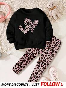 SHEIN 秋季气息，豹纹心形图案，黑色，年轻女孩休闲圆领长袖运动衫和紧身裤两件套，适合秋冬 - 彩色 - 查看 3