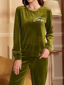 SHEIN 撞色字母刺绣休闲丝绒卫衣裤套装，舒适保暖，秋冬服装，蓬松柔软 - 綠色 - 查看 4