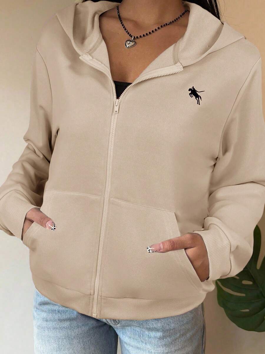 SHEIN EZwear Sweatshirt Berkerudung Rajut Abu-abu Wanita untuk Musim Gugur/Dingin - Khaki - View 1