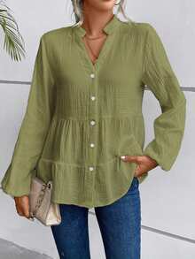 SHEIN LUNE Notched Neckline Lantern Sleeve Ruffle Hem Smock Blouse Peplum Top - Green - View 3
