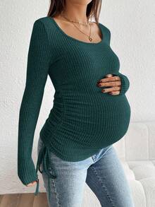 SHEIN Camiseta de manga larga acanalada con cordón y fruncido para maternidad - Verde Oscuro - Ver 5