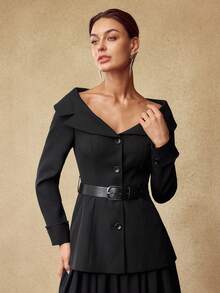 MOTF PREMIUM WOMEN'S GLITTER MATERIAL V-NECK BLAZER WITH BELT, AUTUMN/WINTER - Black - View 7