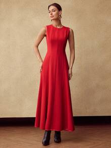 MOTF PREMIUM WOMEN'S WOOL PATCHWORK PU TRIM SLEEVELESS DRESS WITHOUT BELT, AUTUMN/WINTER - Red - View 4