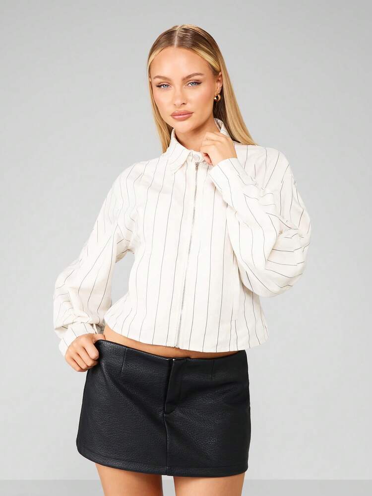 MISSGUIDED Pinstripe High Neck Cropped Jacket Elegant Long Sleeve Zip Front Lightweight Business Fall Winter Vertical Striped Casual Office Wear Coat