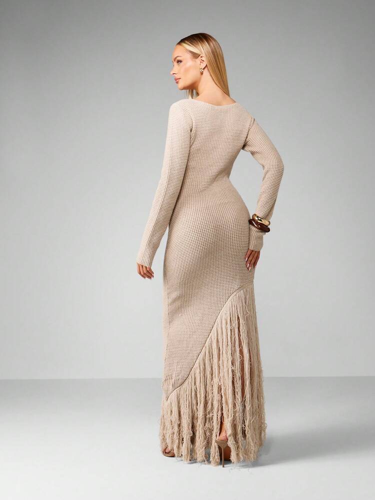 MISSGUIDED Long Sleeve Ribbed Knit Dress Winter Maxi Length Fringe Hem Detail Elegant Evening Party Holiday Formal Dress Sweater Dress Fall Fashion
