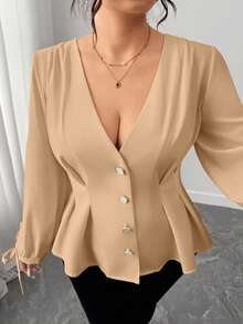 Elenzga 大码女式时尚收腰喇叭下摆优雅浅色纽扣设计衬衫 - 卡其色 - 查看 3