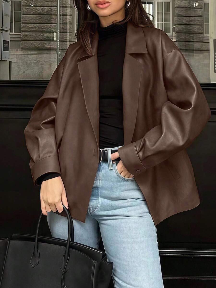 INAWLY Áo khoác da dáng rộng thời trang phong cách retro sang trọng mới dành cho nữ - Màu Khaki - Xem 1