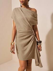 Zivah New Winter New Style Christmas New Year Birthday Party Banquet Preppy Style Student Wear Everyday Outing Basic Versatile Casual Cruise Travel Influencer Hot Style Street Style Elegant Commuting Business Casual Off-The-Shoulder Gathering At The Waist And Shoulders Side Ribbons  Brown Dress Winter Mini Dress Christmas Dress New Year Dress Women's Dress - Apricot - View 4