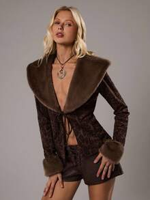 SHEIN TRNDY 1 件女式薄夹克，棕色豹纹拼布，人造毛皮饰边，性感深 V 领系带长袖，优雅，秋冬 - 彩色 - 查看 6