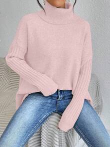EMERY ROSE Women's Solid Color High Neck Drop Shoulder Long Sleeve Casual Loose Pullover Sweater, Autumn/Winter - Pink - View 6