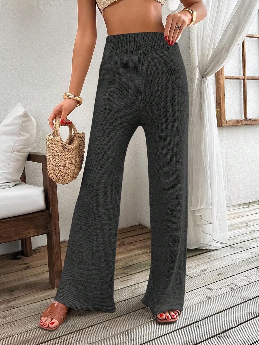 EURMUSE Women's Solid Color High Waist Flare Leg Knit Pants, Elegant For Autumn/Winter - Dark Grey - View 1