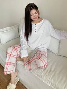 Dazy Plus 2pcs Plus Size Women Casual Plaid Pajama Set, Loose Fit Pullover Top And Pants, Cozy Outfit, Fall Winter Clothes - White - View 7