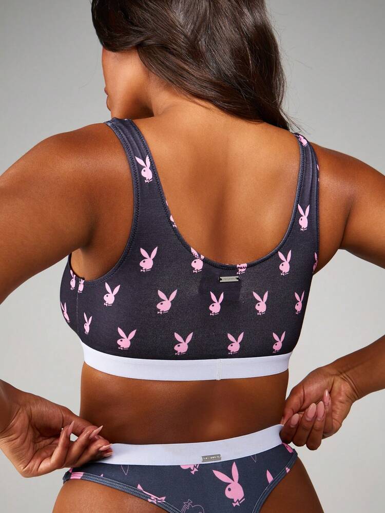 Missguided x Playboy Women Bunny Print Bralette Loungewear Comfortable Elastic Band Scoop Neck Lingerie Athleisure Soft Crop Top