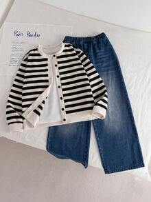 Genkimix Kids 两件套少女秋季新款套装，韩版黑白条纹针织开衫外套，阔腿牛仔裤，时尚休闲街头风套装 - 彩色 - 查看 1