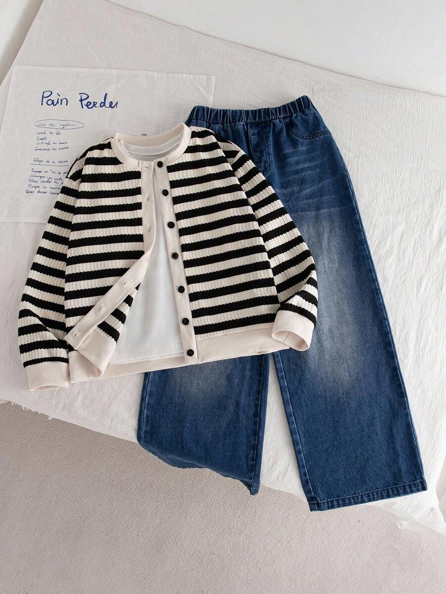 Genkimix Kids 两件套少女秋季新款套装，韩版黑白条纹针织开衫外套，阔腿牛仔裤，时尚休闲街头风套装 - 彩色 - 查看 1