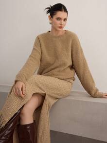 Heiryn Women's Solid Color Crew Neck Casual Versatile Long Sleeve Pullover Sweater Autumn Winter Clothes For Women - Camel - View 2