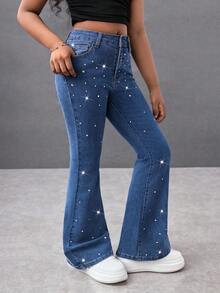 少女 Y2K 春夏假期纯色水洗优雅高腰水钻弹力牛仔喇叭裤，毛边下摆，少女夏季海滩波西米亚风度假喇叭裤，夏季音乐会节日休闲狂欢装，少女夏季早午餐教堂毕业装，街头服饰，返校装 - 中等水洗藍 - 查看 5