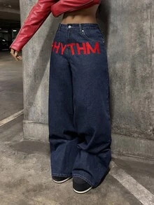 StreetHx 女式字母印花口袋阔腿宽松休闲牛仔裤 - 深色水洗藍 - 查看 6
