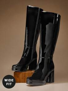 SHUZIA Women's Wide-Calf Glamorous Comfortable Square Toe Patent PU Platform Knee-High Boots With Inner Zipper For Christmas Valentine's Day - Black - View 6