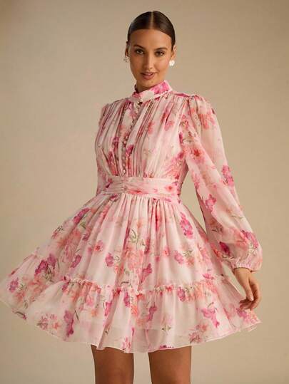 Enchnt Vestido de mujer con estampado floral elegante, mangas farol y volante en el bajo