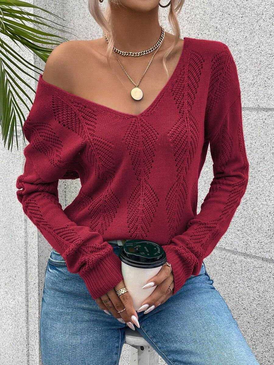 SHEIN LUNE 女式休闲V领镂空设计落肩长袖毛衣,秋冬 - 紅色 - 查看 1
