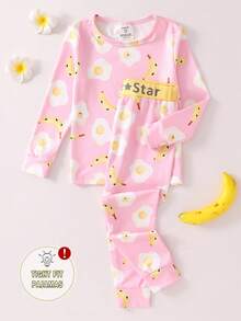 Mädchen bedruckter Kontrast-Farbe Rundhals Langarm bequemer Pyjama-Set, eng anliegende Loungewear