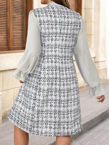 Chikora 大码女式领结格子金属纽扣设计长袖优雅连衣裙 - 灰色 - 查看 7