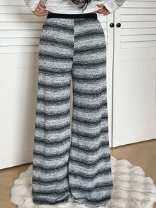 Aloruh Women's Vintage Striped Knit Low Waist Wide Leg Pants, Autumn/Winter - Black and White - View 2