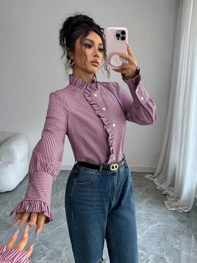 SHEIN Elenzya Camisa de estilo vintage con cuello Mao, volantes y rayas para mujer, otoño/invierno