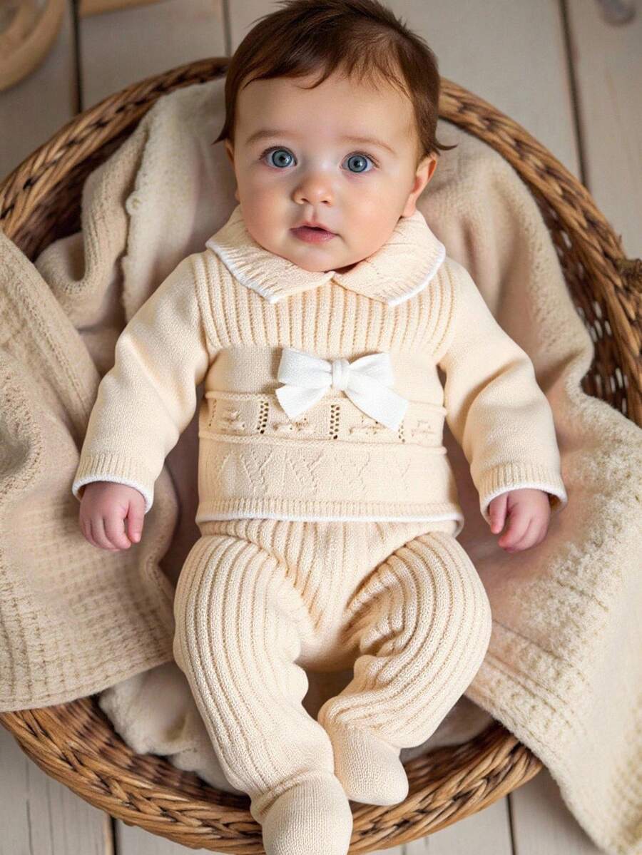 Baby Girls Ruffled Collar Long Sleeve Knitted Sweater&Matching Knitted Leggings 2 Pieces Set,Cream White,Autumn,Flowy,Family Matching Soft Outfit - Apricot - View 1