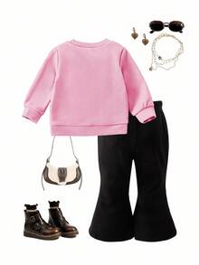SHEIN Playful Pals 两件套女婴夏季时尚简约可爱棕色长袖圆领连帽衫，饰有黑色蝴蝶结，搭配黑色喇叭裤，适合日常穿着和拍照 - 玫紅色 - 查看 2