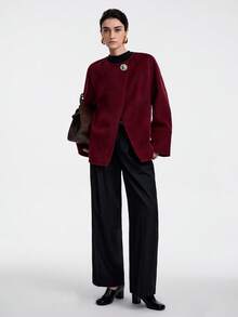 SHEIN LUNE 女士安哥拉羊毛中长外套，不对称设计，饰以撞色金属纽扣，适合秋冬季节、派对、宴会、休闲场合穿着。 - 酒紅色 - 查看 6