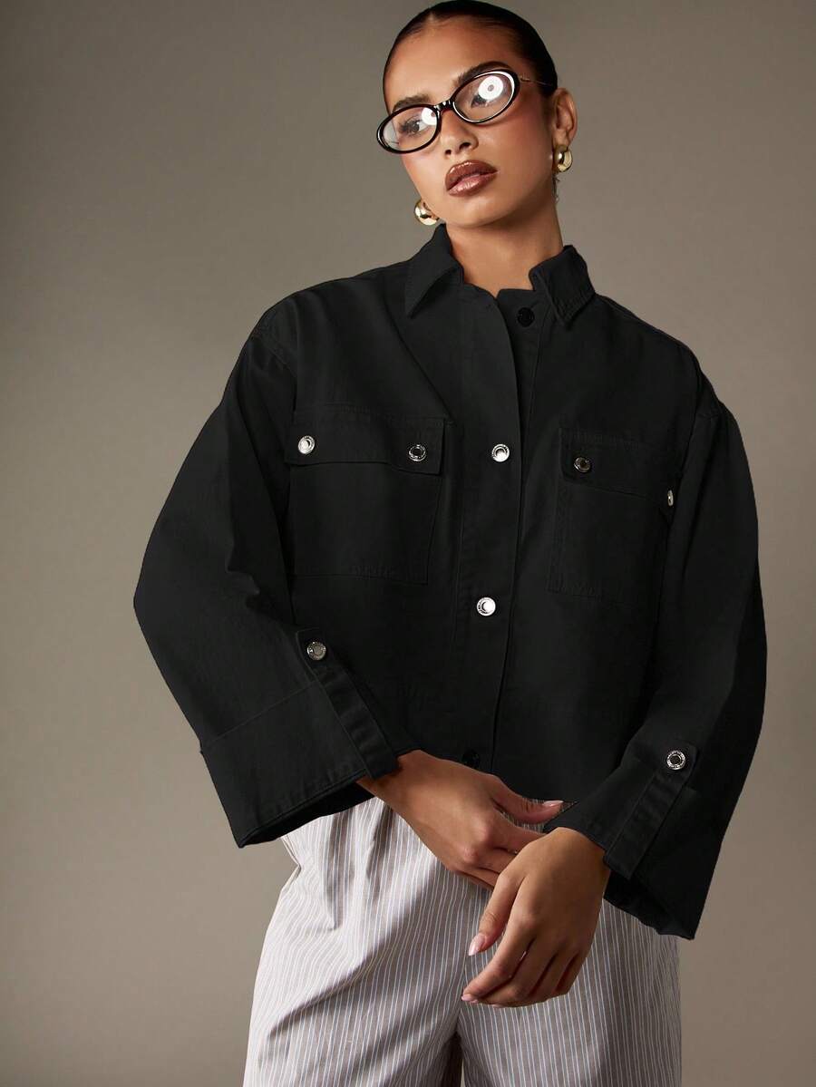 MISSGUIDED Oversized Denim Shirt Jacket With Metal Snap Buttons Long Sleeve Collared Boxy Cut Fashion Forward Fall Winter Casual Streetwear Top - Black - View 1