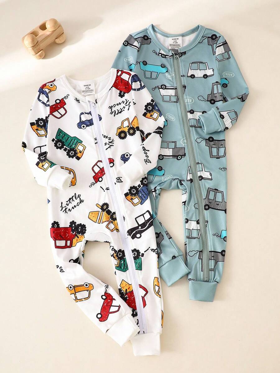 2 件套幼儿男童长袖紧身连体衣，卡通汽车图案，舒适休闲家居服，春秋 - 彩色 - 查看 1