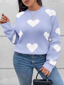 SHEIN Cottnline Plus Size Women Heart Pattern Crew Neck Long Sleeve Casual Pullover Sweater - Blue and White - View 3