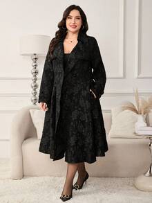 Reflora Plus Size Elegant Vintage Black 3D Rose Jacquard Waist Flare Dress Coat, 1950s Princess Style Waist Coat, Casual Chic Commuter Black Coat, Autumn Coat, Trench Coat, Black Trench Coat, Princess Coat, Fall Coat, Rose Coat, Floral Coat, Women's Winter Coat, Halloween Clothes For Women,  Fall Clothes For Women, Autumn Outfits For Women,Halloween Costumes, Halloween Costume, Halloween Clothes