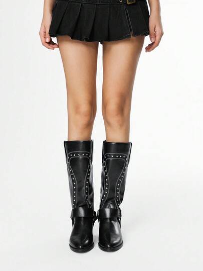 Grunge Punk Women's Pointed Toe Chunky Heel Buckle Strap Western Knee-High Boots, Punk Rock Goth Style Motorcycle Boots