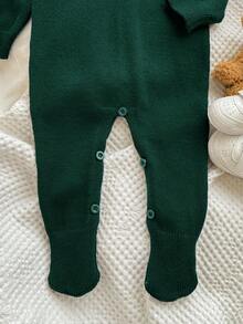 SHEIN Newborn Baby Boy/Girl Turndown Collar Romper Jumpsuit, Cable Knit Texture Sweater Outfit, Suitable For Autumn/Winter Indoor & Outdoor Wear - Dark Green - View 5