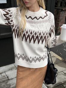 Elyressa 女式休闲费尔岛图案插肩袖宽松针织毛衣，秋冬 - 杏色 - 查看 3