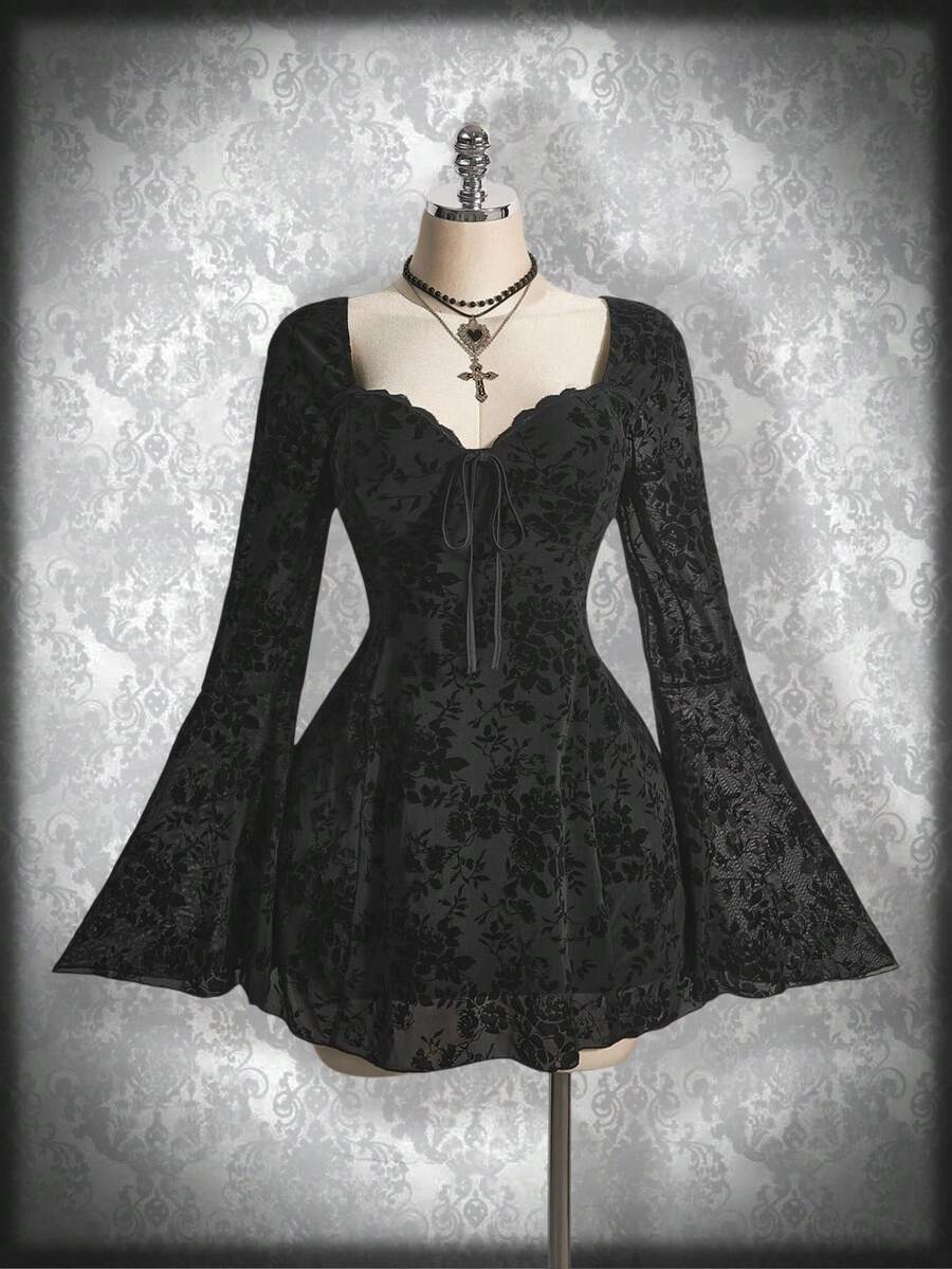 SHEIN ICON 加大码黑色植绒网眼喇叭袖心形领腰收腰连衣裙，Y2K，朋克，万圣节，适合秋季，秋季连衣裙，派对连衣裙 - 黑色 - 查看 1