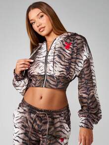 Missguided x Playboy Moletom com capuz curto com estampa de listras de tigre e zíper, roupa de dormir macia de inverno, moda outono, moletom com capuz, festival, casual, streetwear