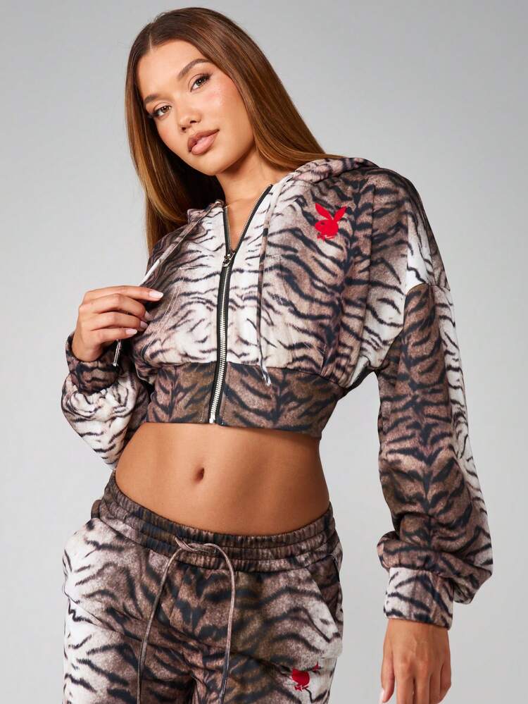 Missguided x Playboy Tiger Stripe Print Cropped Zip Through Hoodie Soft Winter Loungewear Fall Fashion Hooded Sweatshirt Festival Casual Streetwear