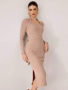 Modelyn Autumn/Winter Crossover Tie Neck Knit Fitted Midi Dress, Khaki Color, Elegant & Fashionable