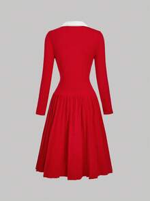 SHEIN MOD 女式休闲拼色领褶下摆长袖毛衣裙，秋季 - 紅色 - 查看 3