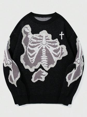 Grunge Punk Men's Skeleton Print Crew Neck Long Sleeve Sweater, Autumn/Winter, Grunge Style