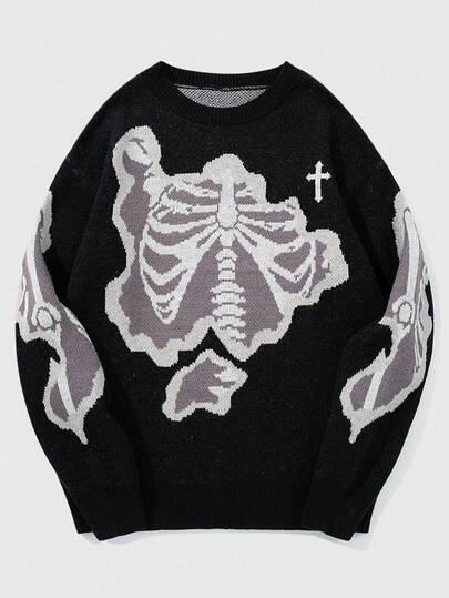 Grunge Punk Men's Skeleton Print Crew Neck Long Sleeve Sweater, Autumn/Winter, Grunge Style