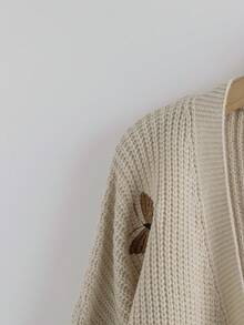 SHEIN Clasi Plus Size Women's Solid Color Knitted Butterfly Embroidered Long Sleeve Casual Cardigan, Winter - Khaki - View 3